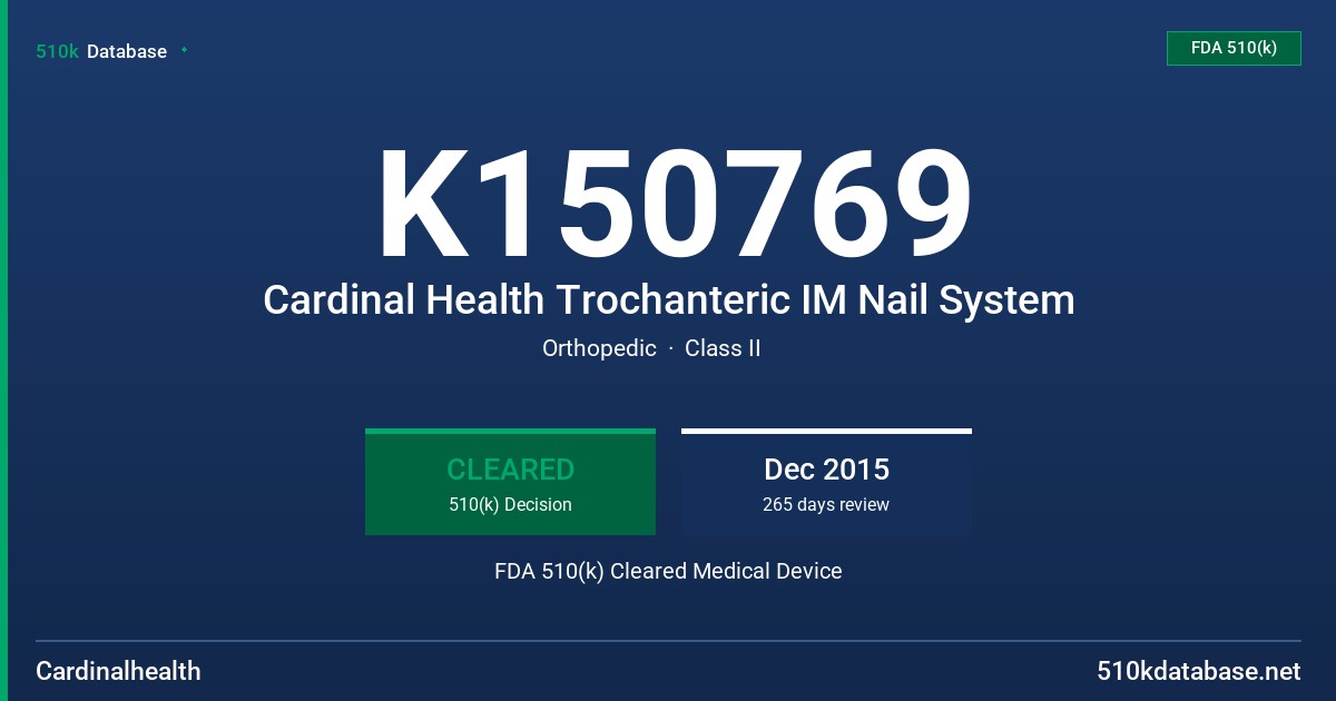 K150769 Cardinal Health Trochanteric IM Nail System FDA 510(k) Cleared Medical Device