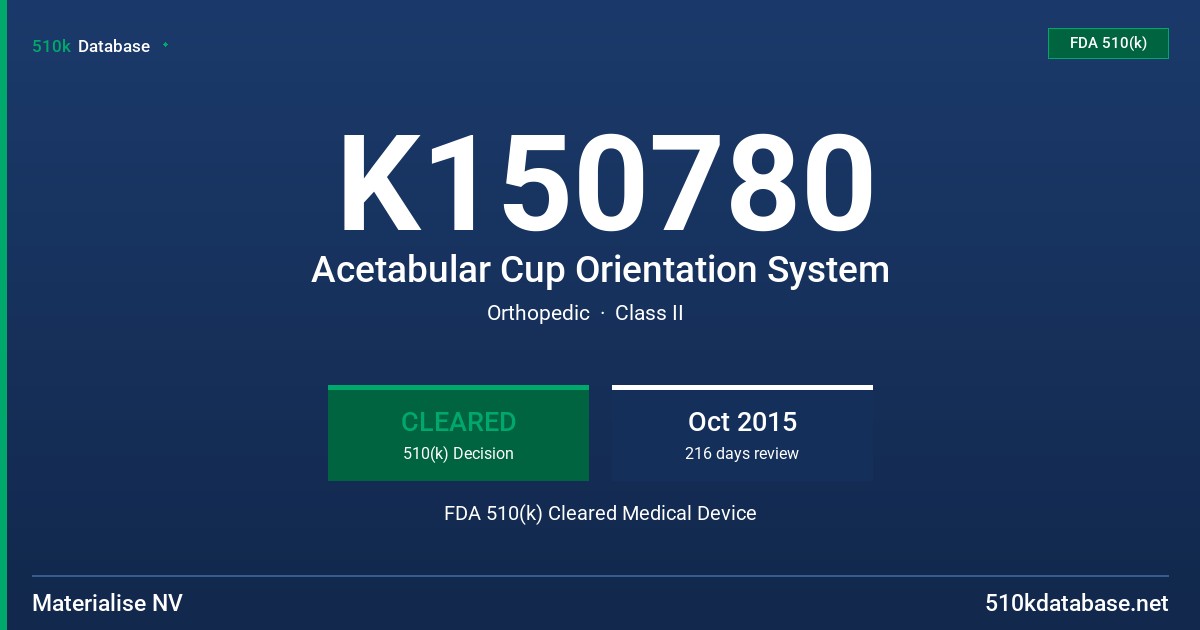 K150780 Acetabular Cup Orientation System FDA 510(k) Cleared Medical Device