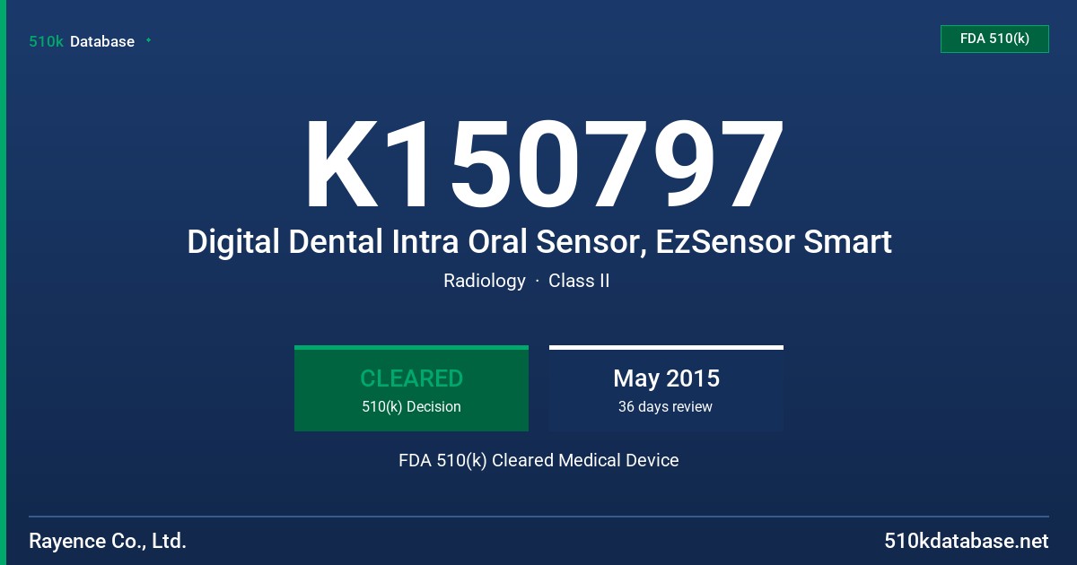 K150797 Digital Dental Intra Oral Sensor, EzSensor Smart FDA 510(k) Cleared Medical Device