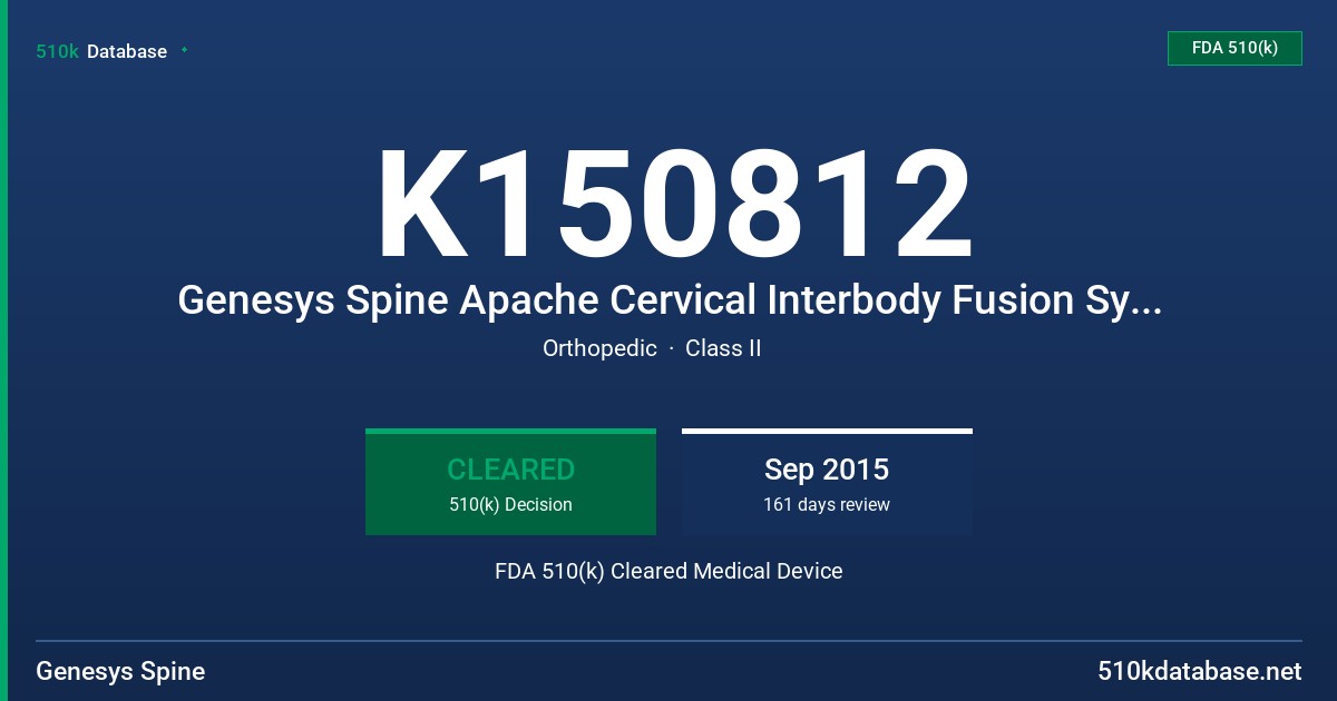 K150812 Genesys Spine Apache Cervical Interbody Fusion System FDA 510(k) Cleared Medical Device