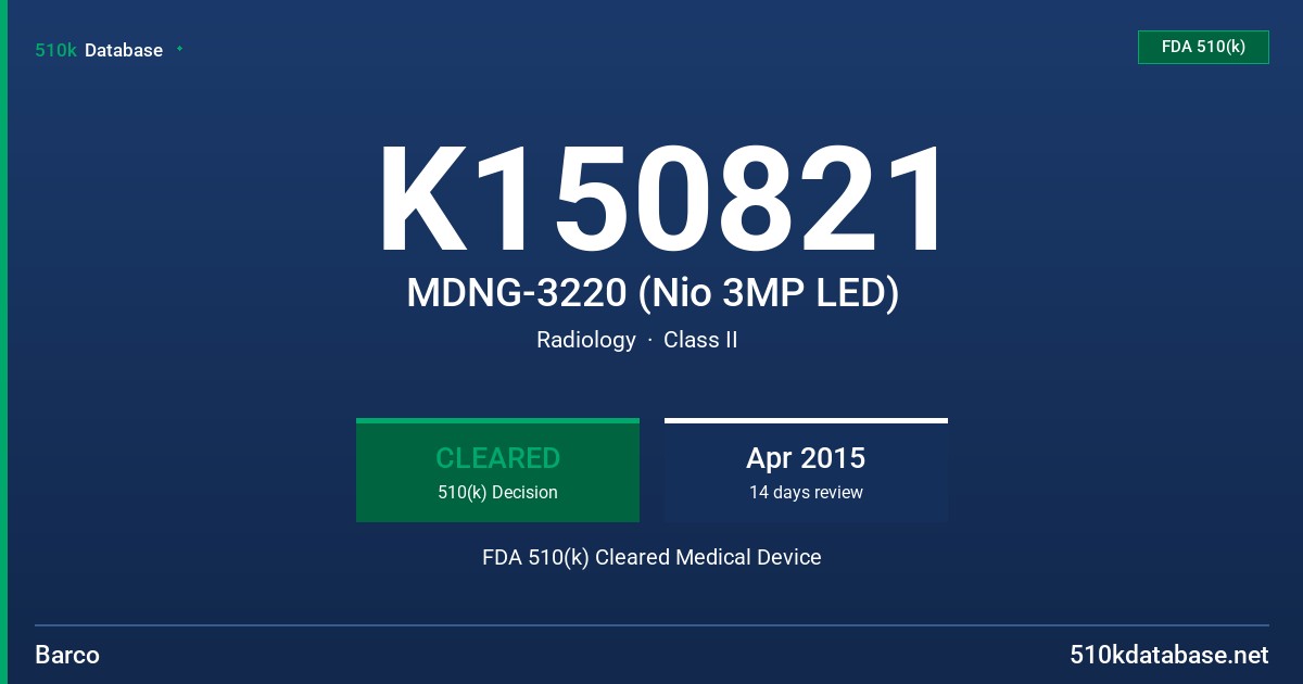 K150821 MDNG-3220 (Nio 3MP LED) FDA 510(k) Cleared Medical Device