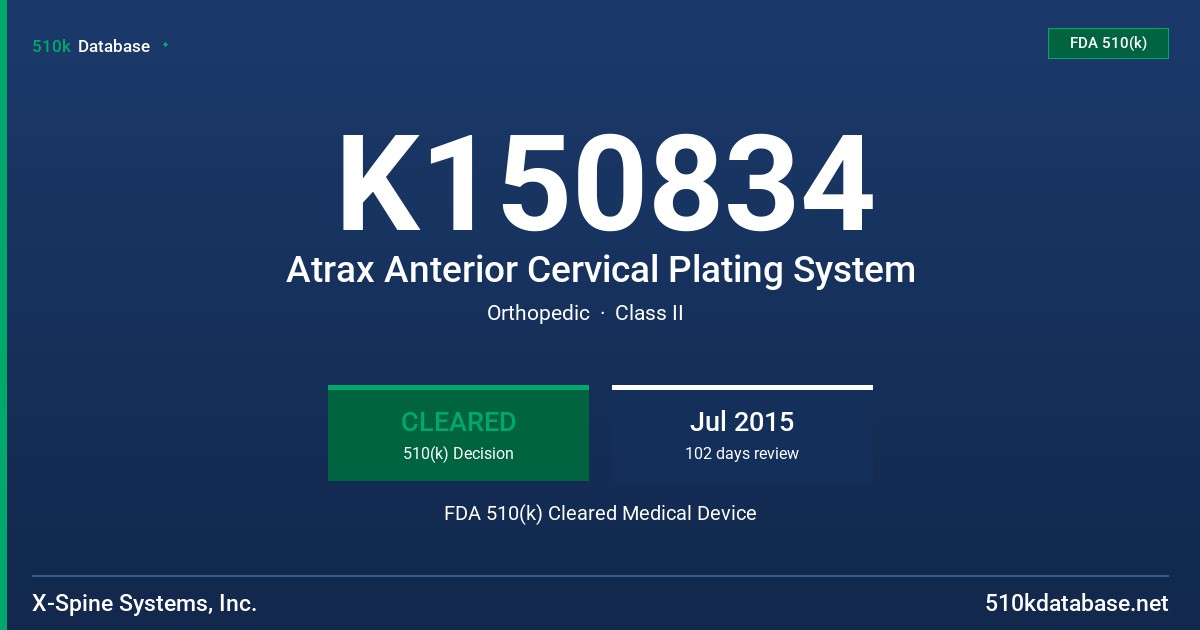 K150834 Atrax Anterior Cervical Plating System FDA 510(k) Cleared Medical Device