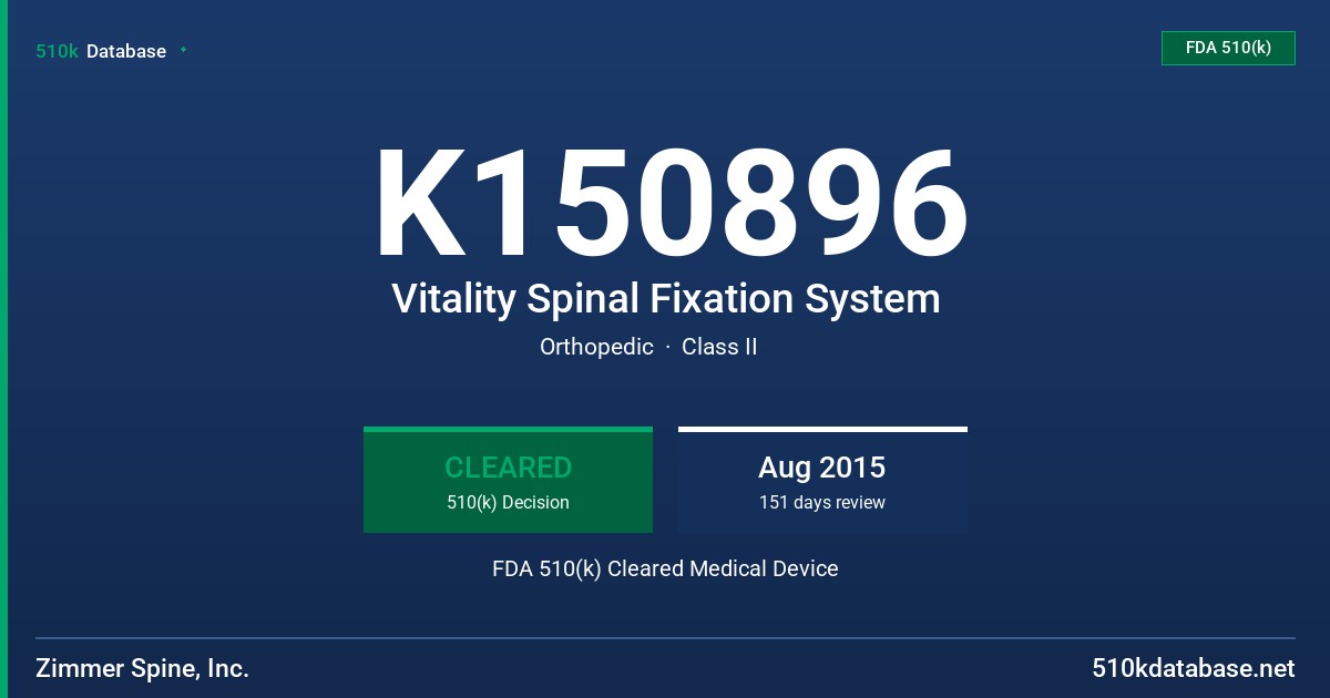 K150896 Vitality Spinal Fixation System FDA 510(k) Cleared Medical Device