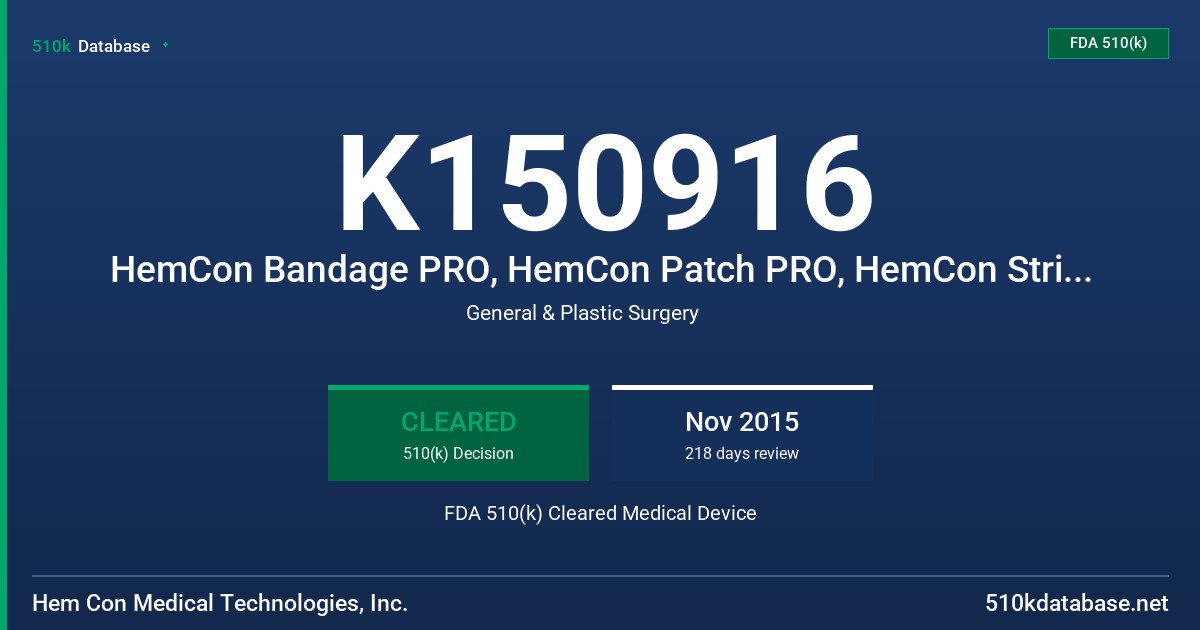 K150916 HemCon Bandage PRO, HemCon Patch PRO, HemCon Strip PRO, HemCon Strip First Aid PRO, ChitoFlex PRO FDA 510(k) Cleared Medical Device