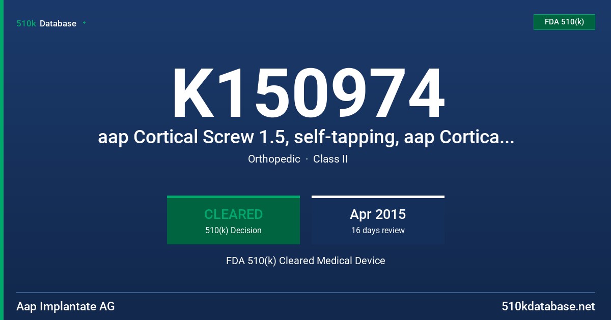 K150974 aap Cortical Screw 1.5, self-tapping, aap Cortical Screw 1.5, self-tapping, Titanium FDA 510(k) Cleared Medical Device