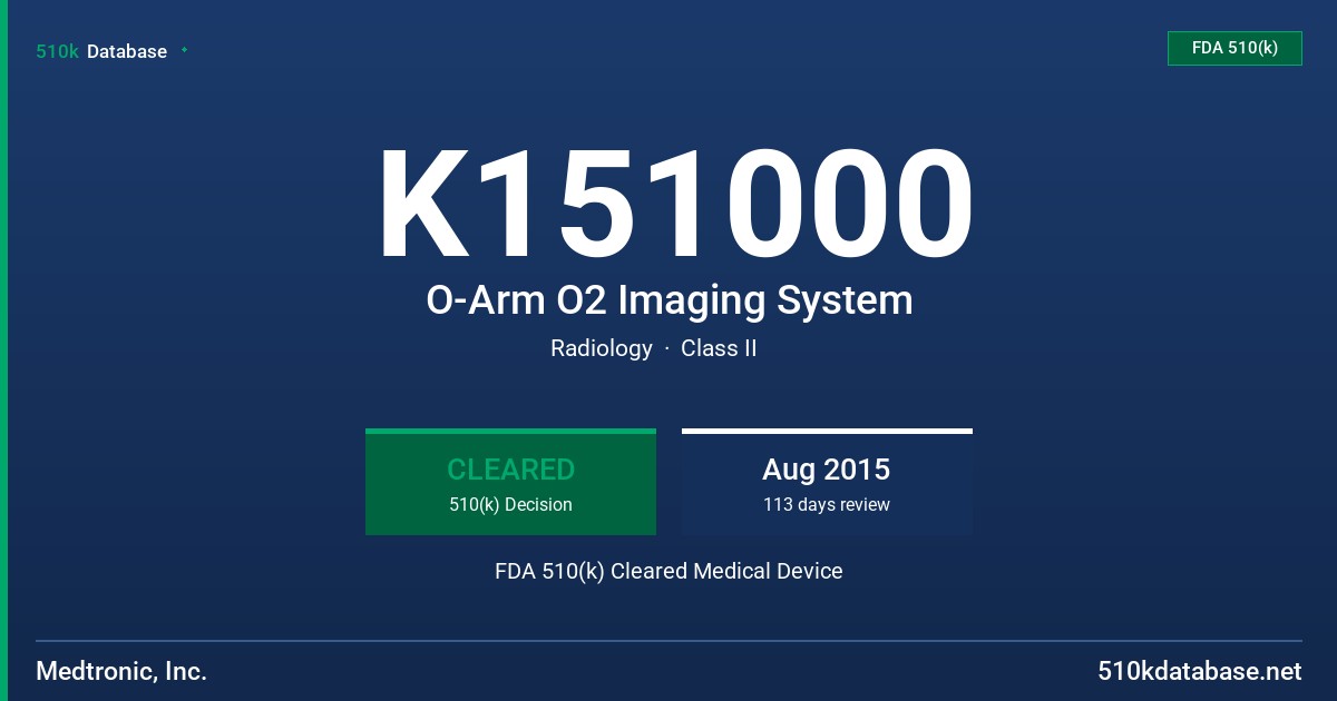 K151000 O-Arm O2 Imaging System FDA 510(k) Cleared Medical Device