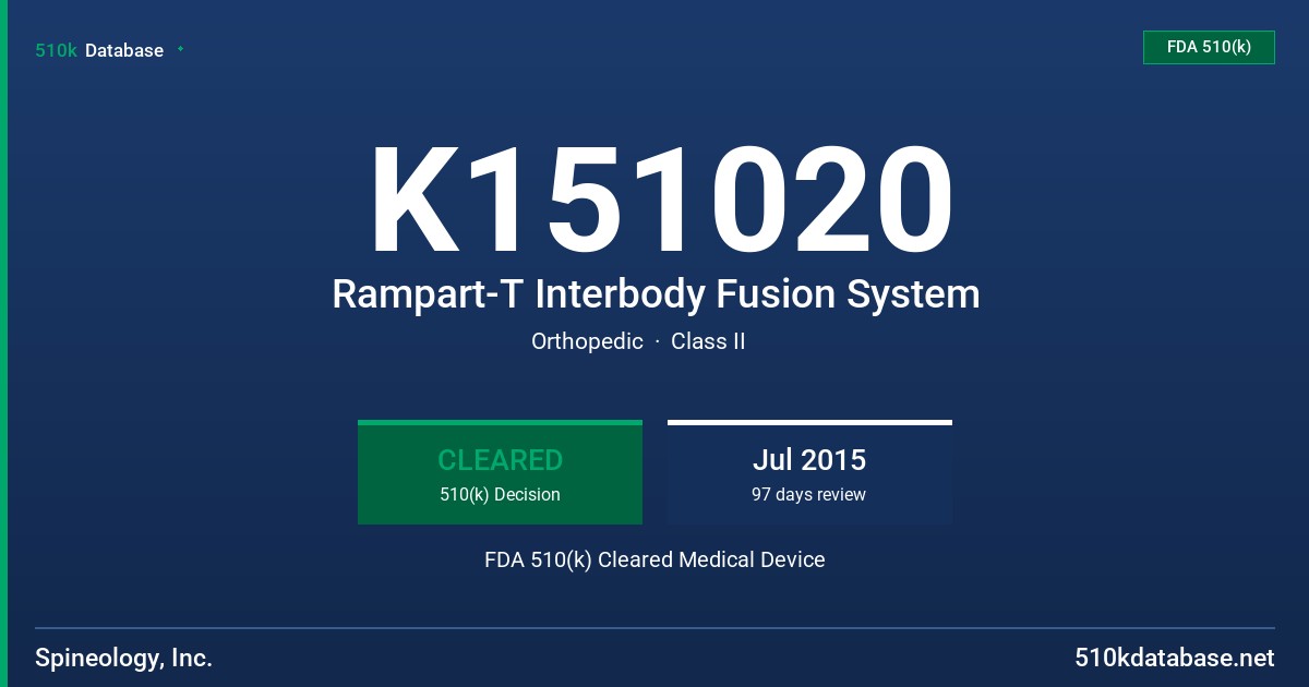 K151020 Rampart-T Interbody Fusion System FDA 510(k) Cleared Medical Device