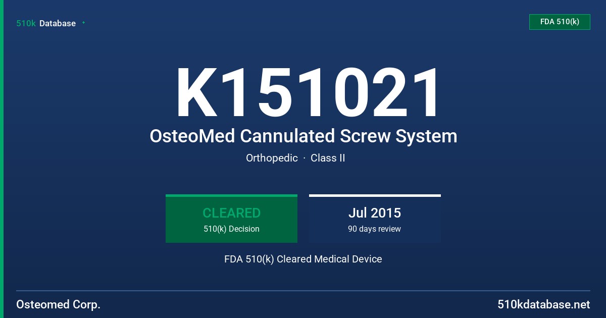 K151021 OsteoMed Cannulated Screw System FDA 510(k) Cleared Medical Device