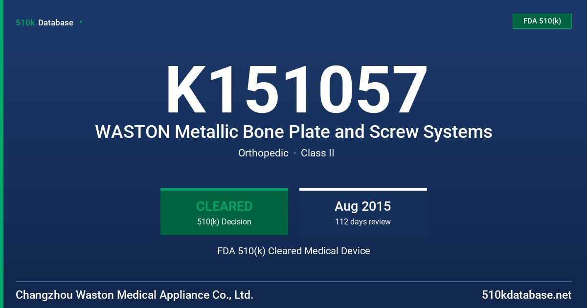 K151057 WASTON Metallic Bone Plate and Screw Systems FDA 510(k) Cleared Medical Device