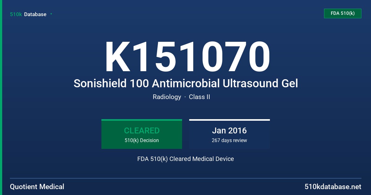 K151070 Sonishield 100 Antimicrobial Ultrasound Gel FDA 510(k) Cleared Medical Device