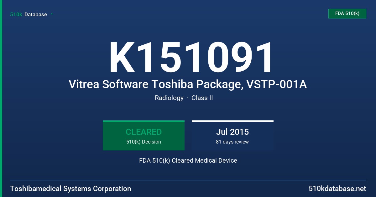 K151091 Vitrea Software Toshiba Package, VSTP-001A FDA 510(k) Cleared Medical Device