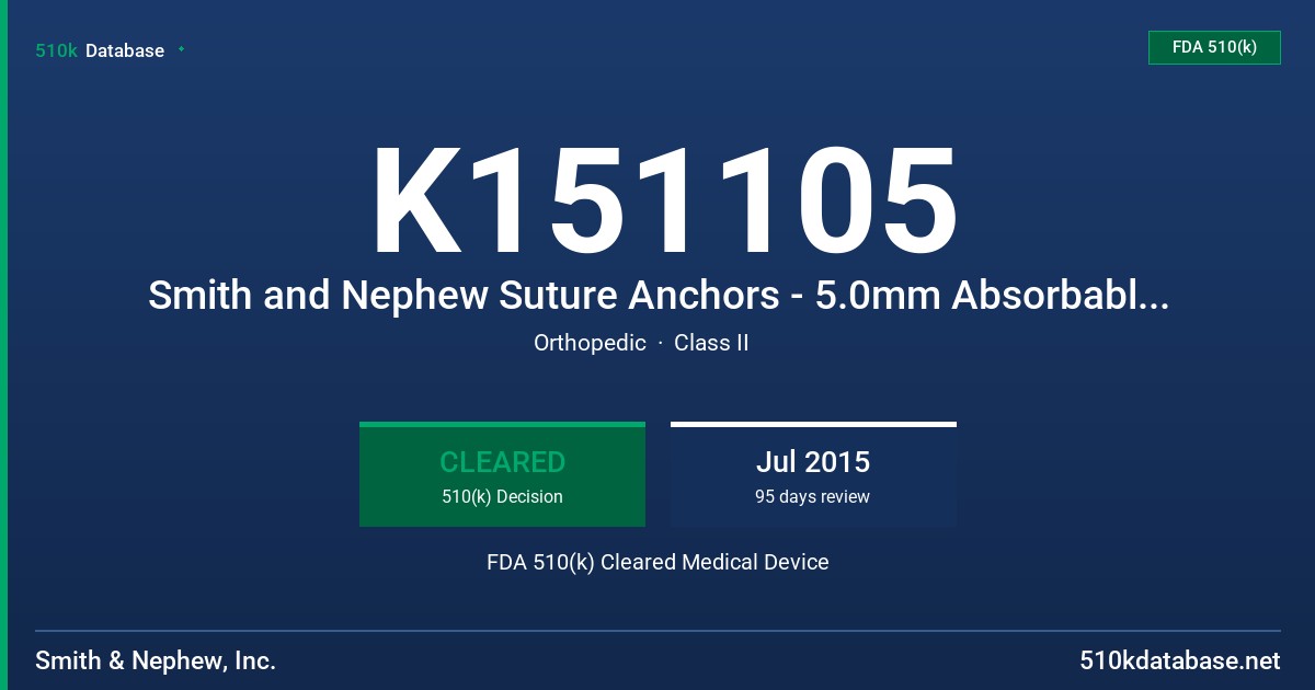K151105 Smith and Nephew Suture Anchors - 5.0mm Absorbable Polymer Anchor, Smith and Nephew Suture Anchors - TAG Bioraptor Suture Anchor 7209317, 7209318, Smith and Nephew Suture Anchors - Bioraptor 2.3 PK Suture Anchor, Smith and Nephew Suture Anchors - Osteoraptor Suture Anchor, Smith and Nephew Suture Anchors - Twinfix Ultra HA Suture Anchor, Smith and Nephew Suture Anchors - OSTEORAPTOR Curved Suture Anchors, Smith and Nephew Suture Anchors - Ultra Fast-Fix Meniscal Repair System, Ultra Fa FDA 510(k) Cleared Medical Device