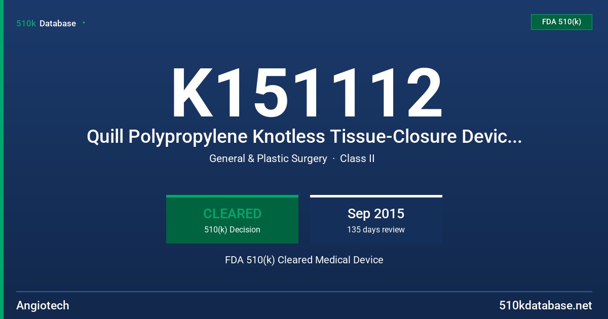 K151112 Quill Polypropylene Knotless Tissue-Closure Device, Variable Loop Design FDA 510(k) Cleared Medical Device