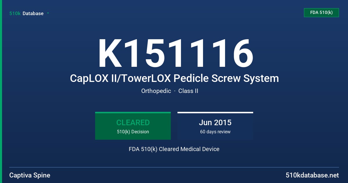 K151116 CapLOX II/TowerLOX Pedicle Screw System FDA 510(k) Cleared Medical Device