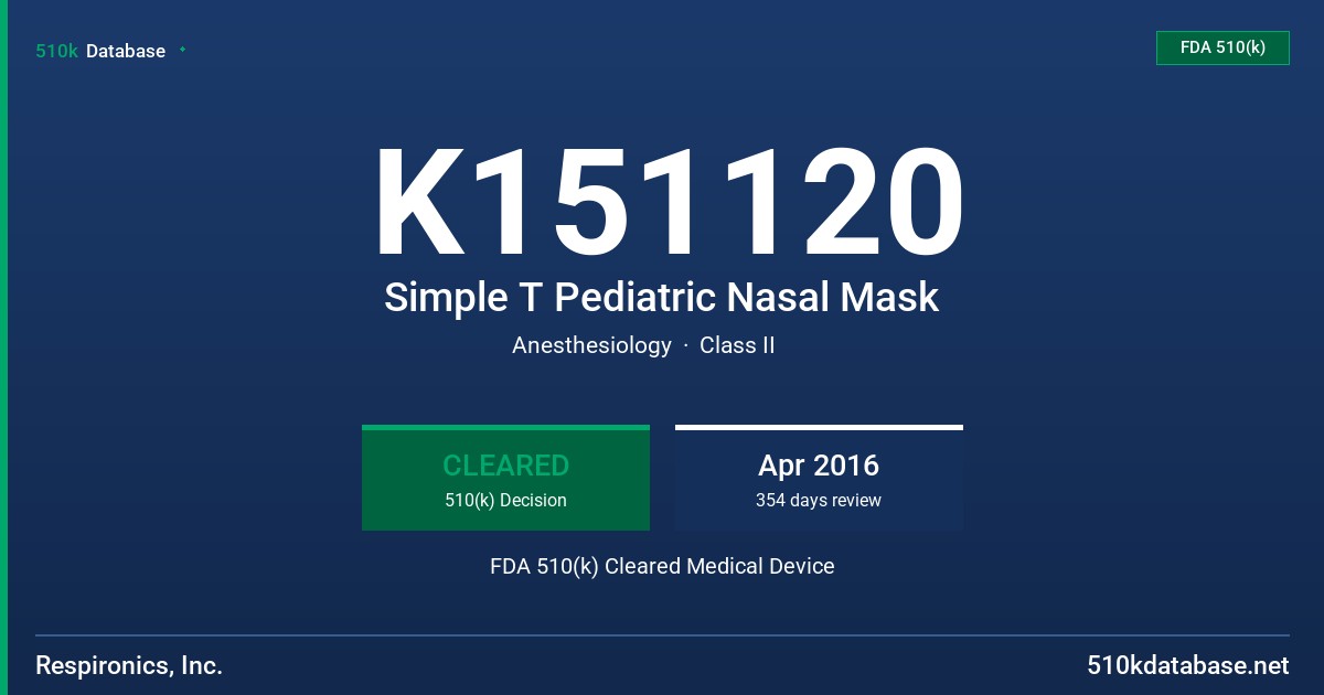 K151120 Simple T Pediatric Nasal Mask FDA 510(k) Cleared Medical Device