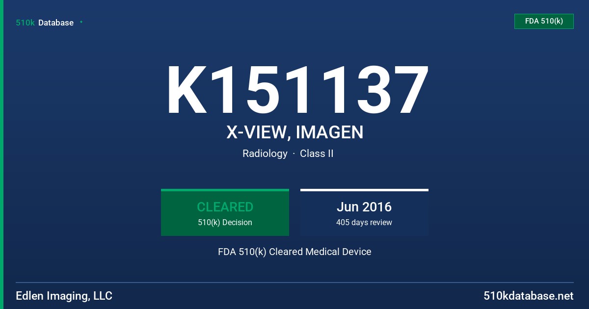 K151137 X-VIEW, IMAGEN FDA 510(k) Cleared Medical Device