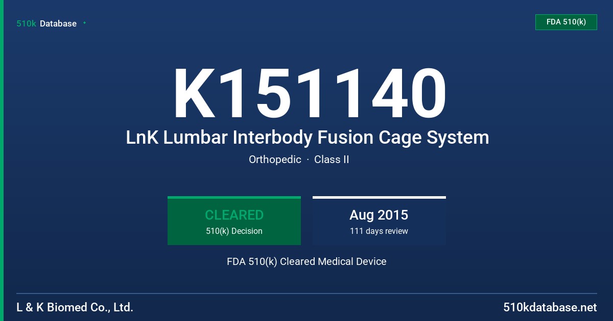 K151140 LnK Lumbar Interbody Fusion Cage System FDA 510(k) Cleared Medical Device