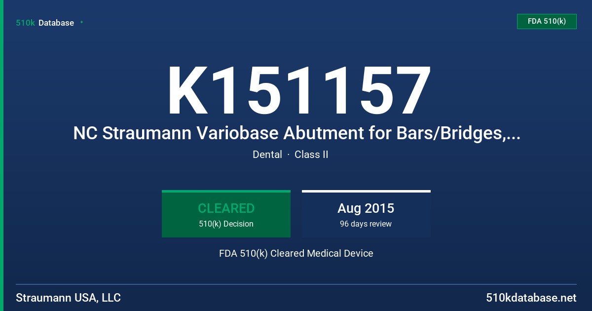 K151157 NC Straumann Variobase Abutment for Bars/Bridges, RC Straumann Variobase Abutment for Bars/Bridges, NNC Straumann Variobase Abutment for Bars/Bridges, RN Straumann Variobase Abutment for Bars/Bridges, WN Straumann Variobase Abutment for Bars/Bridges FDA 510(k) Cleared Medical Device