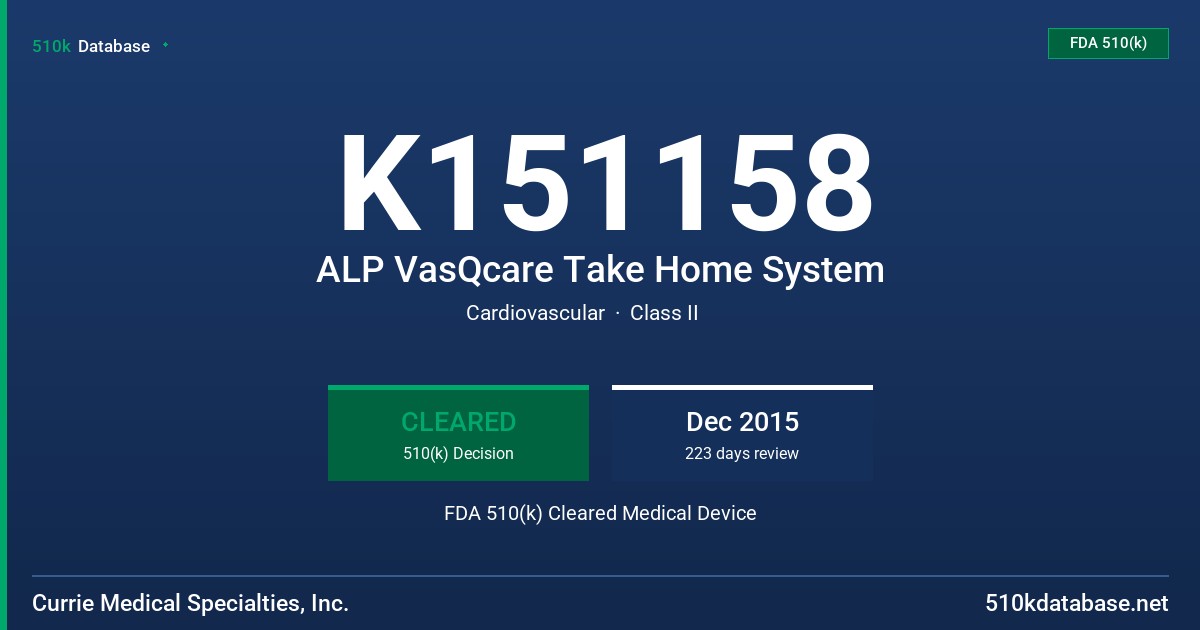 K151158 ALP VasQcare Take Home System FDA 510(k) Cleared Medical Device