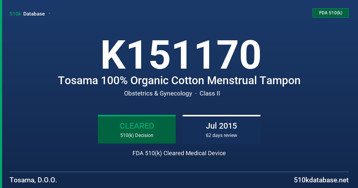 K151170 Tosama 100% Organic Cotton Menstrual Tampon FDA 510(k) Cleared Medical Device