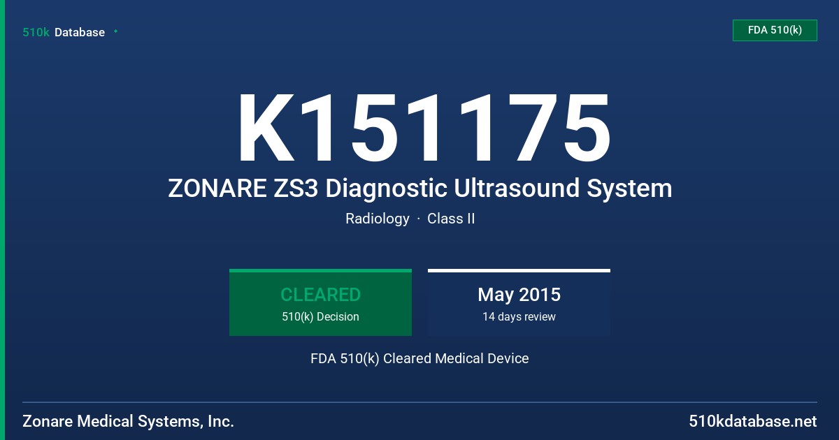 K151175 ZONARE ZS3 Diagnostic Ultrasound System FDA 510(k) Cleared Medical Device
