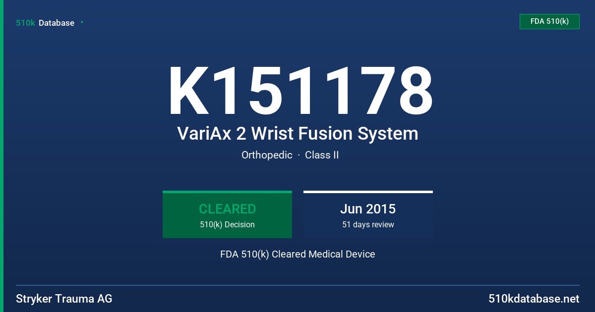 K151178 VariAx 2 Wrist Fusion System FDA 510(k) Cleared Medical Device