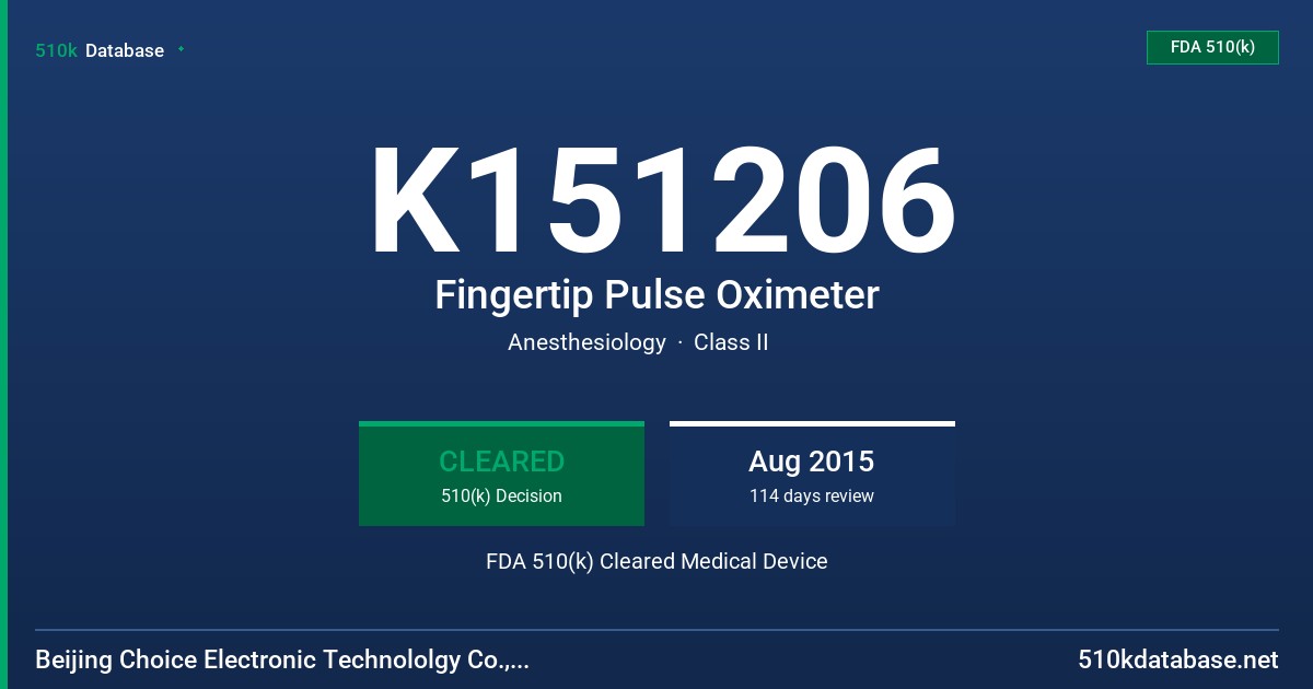 K151206 Fingertip Pulse Oximeter FDA 510(k) Cleared Medical Device