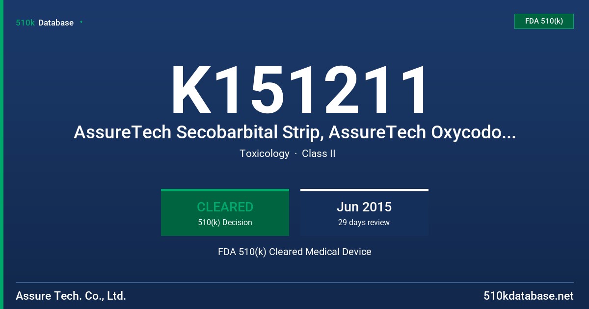 K151211 AssureTech Secobarbital Strip, AssureTech Oxycodone Strip, AssureTech Secobarbital/Oxycodone Panel Dip, AssureTech Secobarbital/Oxycodone Quick Cup, AssureTech Secobarbital/Oxycodone Turn Key-Split Cup FDA 510(k) Cleared Medical Device