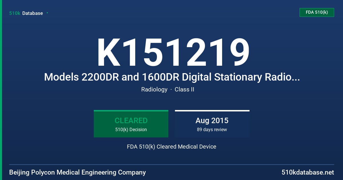 K151219 Models 2200DR and 1600DR Digital Stationary Radiographic Systems FDA 510(k) Cleared Medical Device