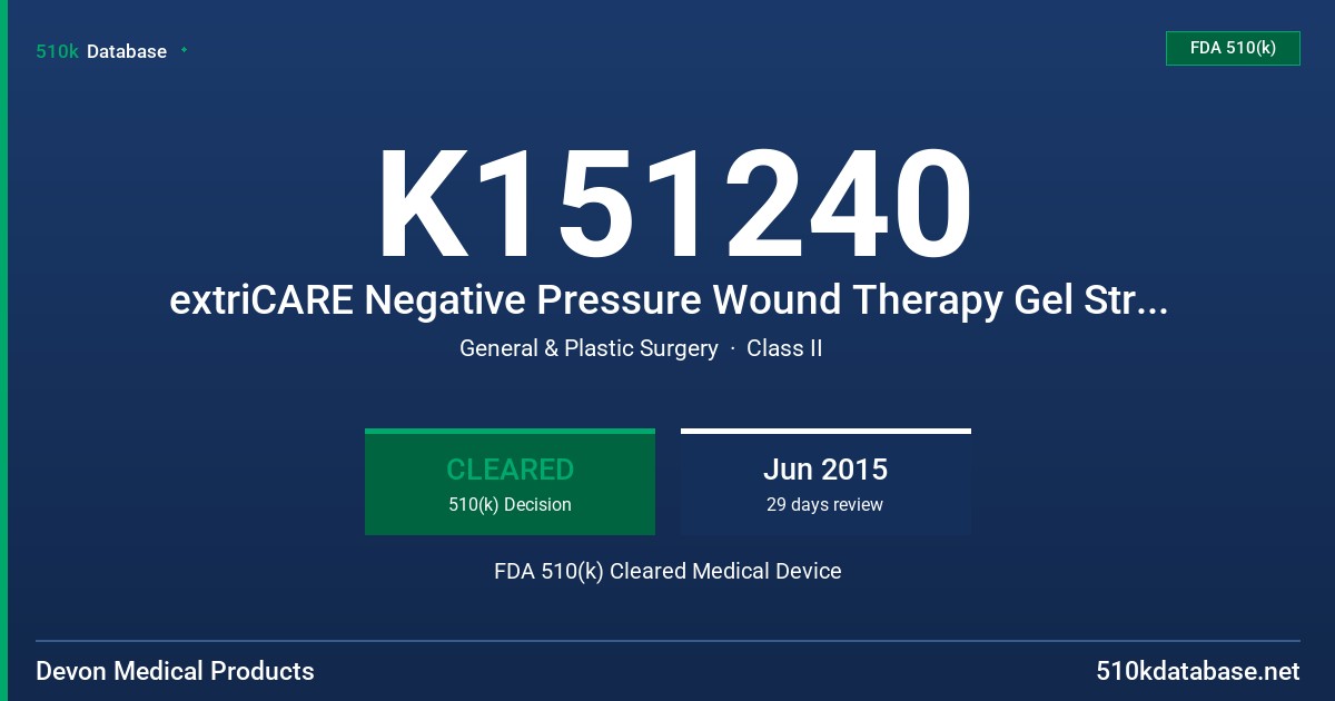 K151240 extriCARE Negative Pressure Wound Therapy Gel Strip - 8pc, extriCARE Negative Pressure Wound Therapy Gel Strip - 7pc, extriCARE Negative Pressure Wound Therapy Gel Strip - 6pc, extriCARE Negative Pressure Wound Therapy Gel Strip - 5pc, extriCARE Negative Pressure Wound Therapy Gel Strip - 4pc FDA 510(k) Cleared Medical Device
