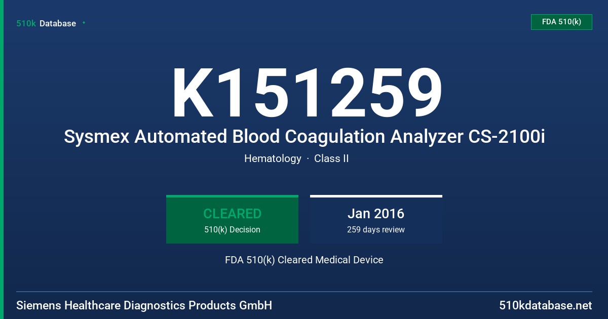 K151259 Sysmex Automated Blood Coagulation Analyzer CS-2100i FDA 510(k) Cleared Medical Device