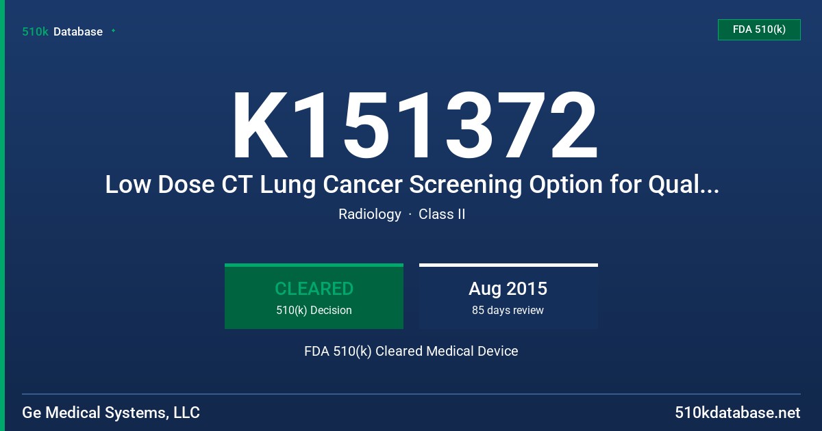 K151372 Low Dose CT Lung Cancer Screening Option for Qualified GE Systems FDA 510(k) Cleared Medical Device