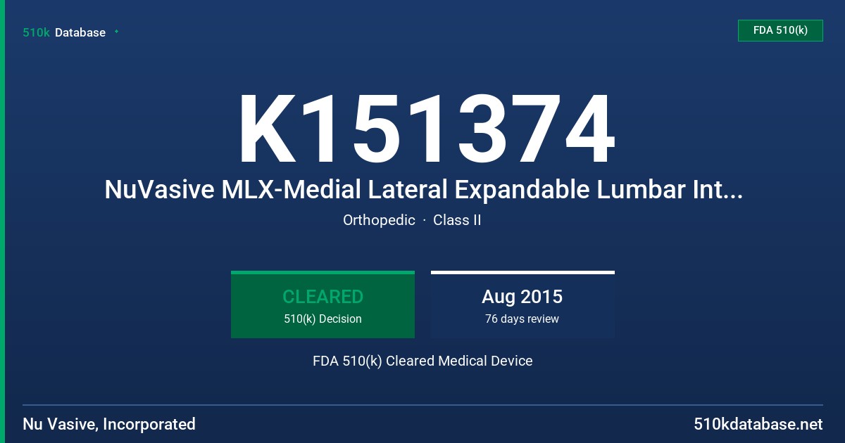 K151374 NuVasive MLX-Medial Lateral Expandable Lumbar Interbody System, NuVasive AP Expandable XLIF System FDA 510(k) Cleared Medical Device