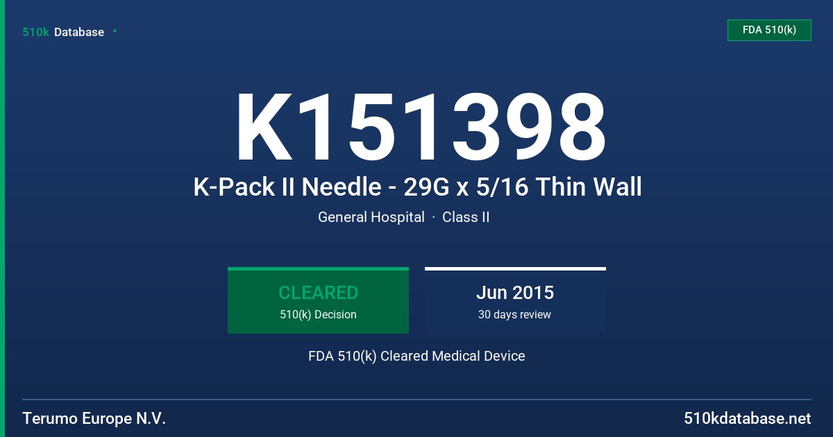 K151398 K-Pack II Needle - 29G x 5/16 Thin Wall FDA 510(k) Cleared Medical Device