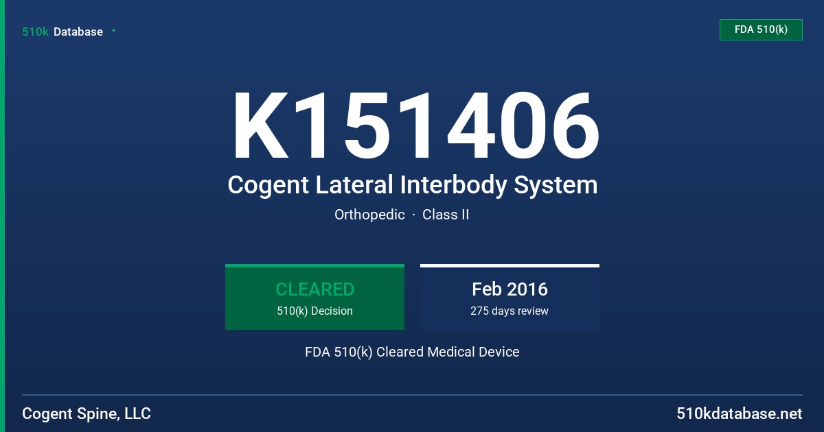 K151406 Cogent Lateral Interbody System FDA 510(k) Cleared Medical Device