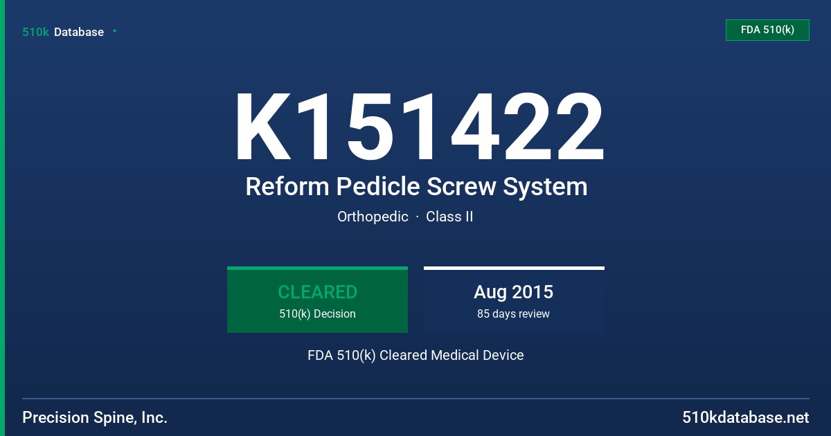 K151422 Reform Pedicle Screw System FDA 510(k) Cleared Medical Device