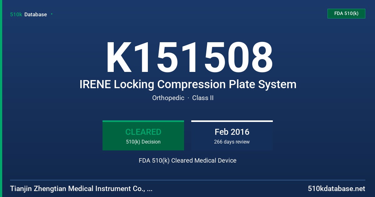K151508 IRENE Locking Compression Plate System FDA 510(k) Cleared Medical Device