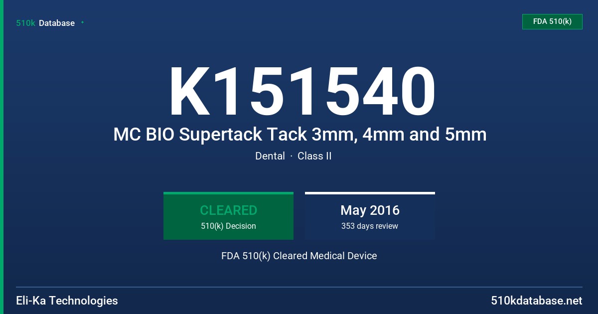 K151540 MC BIO Supertack Tack 3mm, 4mm and 5mm FDA 510(k) Cleared Medical Device