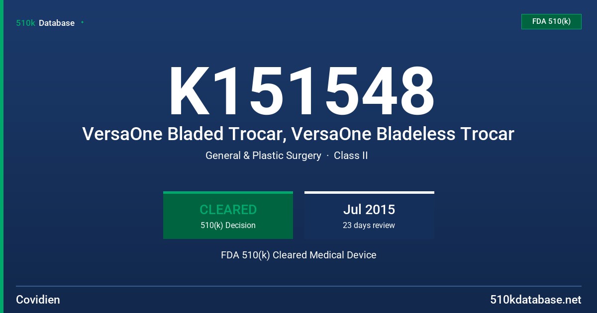 K151548 VersaOne Bladed Trocar, VersaOne Bladeless Trocar FDA 510(k) Cleared Medical Device