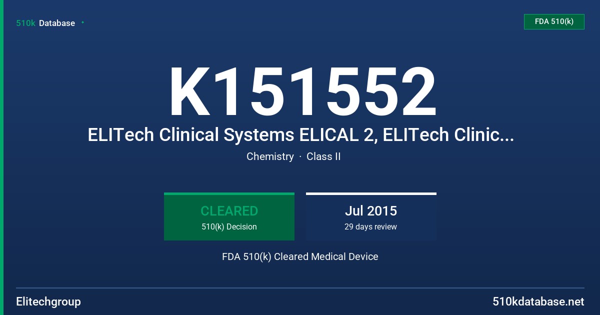 K151552 ELITech Clinical Systems ELICAL 2, ELITech Clinical Systems ELITROL I, ELITech Clinical Systems ELITROL II FDA 510(k) Cleared Medical Device