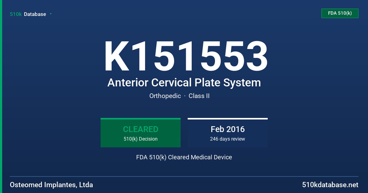 K151553 Anterior Cervical Plate System FDA 510(k) Cleared Medical Device