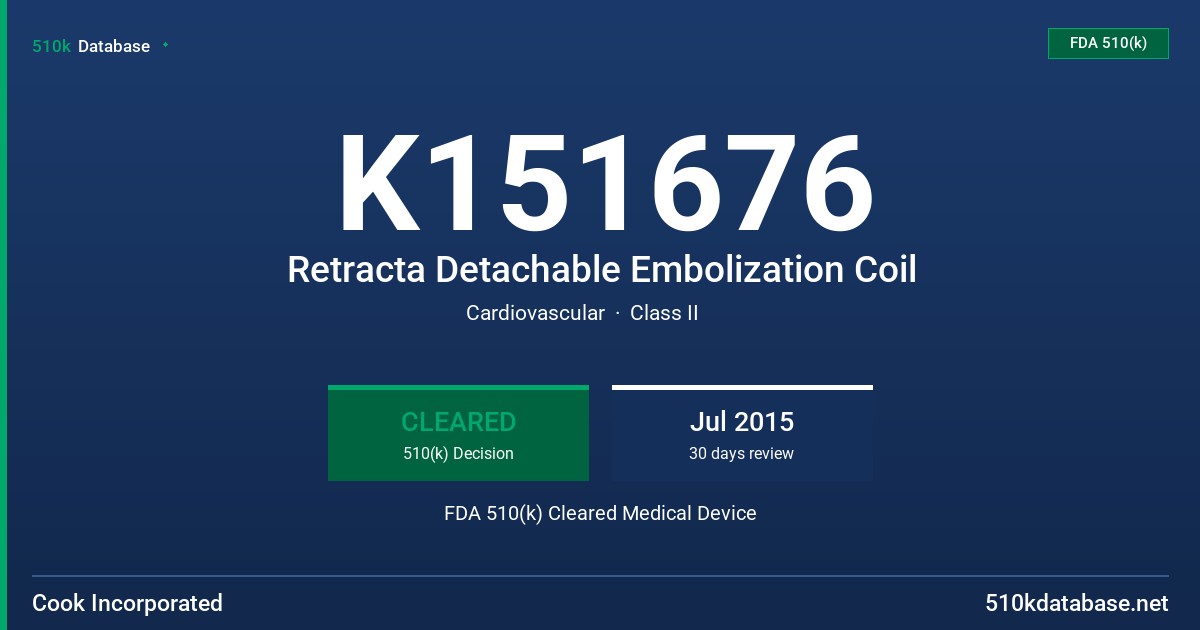 K151676 Retracta Detachable Embolization Coil FDA 510(k) Cleared Medical Device