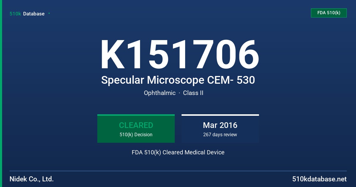 K151706 Specular Microscope CEM- 530 FDA 510(k) Cleared Medical Device