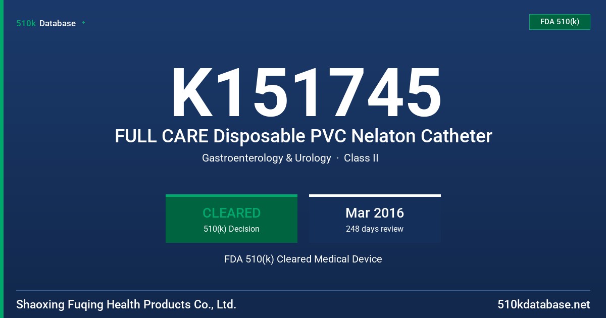 K151745 FULL CARE Disposable PVC Nelaton Catheter FDA 510(k) Cleared Medical Device