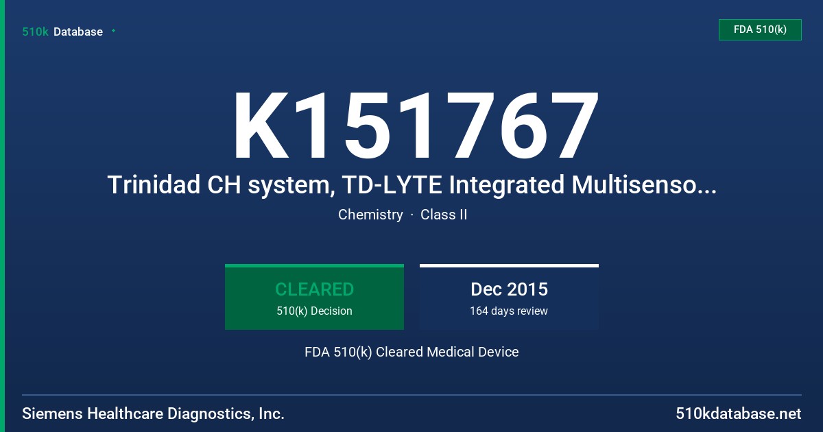 K151767 Trinidad CH system, TD-LYTE Integrated Multisensor (Na, K, CI), TD-LYTE IMT Standard A, TD-LYTE IMT Standard B + Salt Bridge, Trinidad CH Albumin BCP reagent (Alb_P), Trinidad CH Albumin BCP Calibrator FDA 510(k) Cleared Medical Device