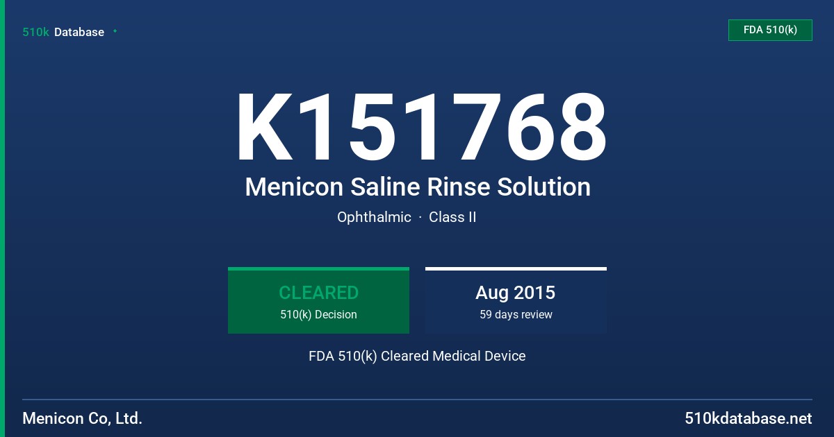 K151768 Menicon Saline Rinse Solution FDA 510(k) Cleared Medical Device