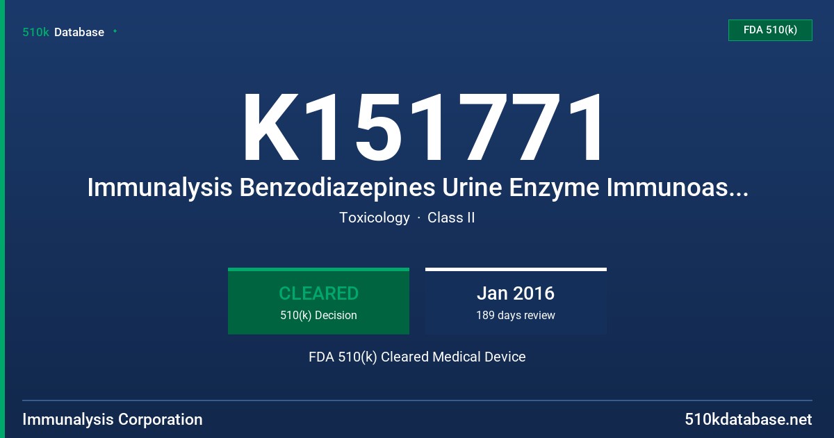 K151771 Immunalysis Benzodiazepines Urine Enzyme Immunoassay, Immunalysis Multi-Drug Calibrators FDA 510(k) Cleared Medical Device
