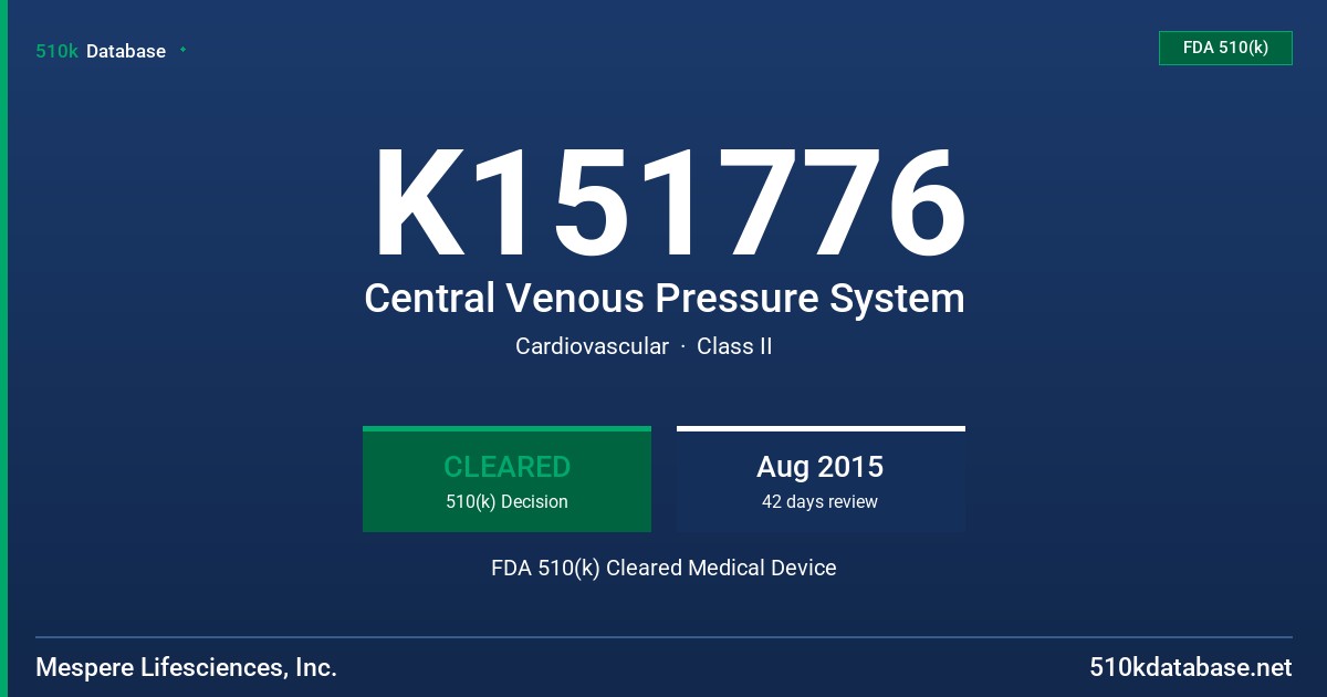K151776 Central Venous Pressure System FDA 510(k) Cleared Medical Device