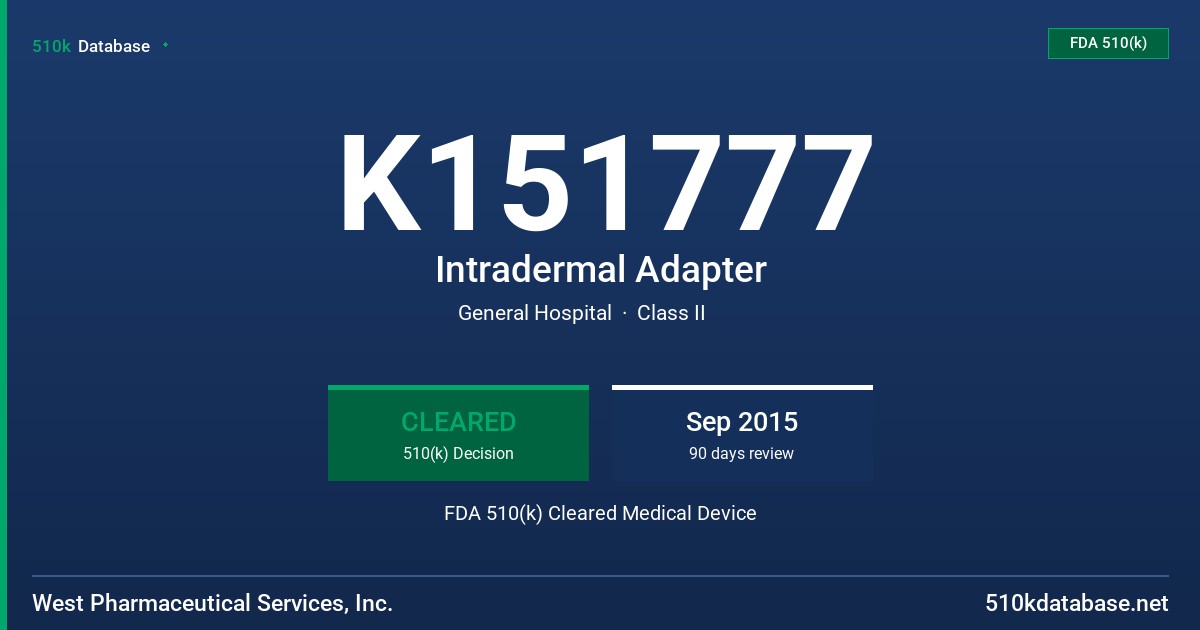 K151777 Intradermal Adapter FDA 510(k) Cleared Medical Device