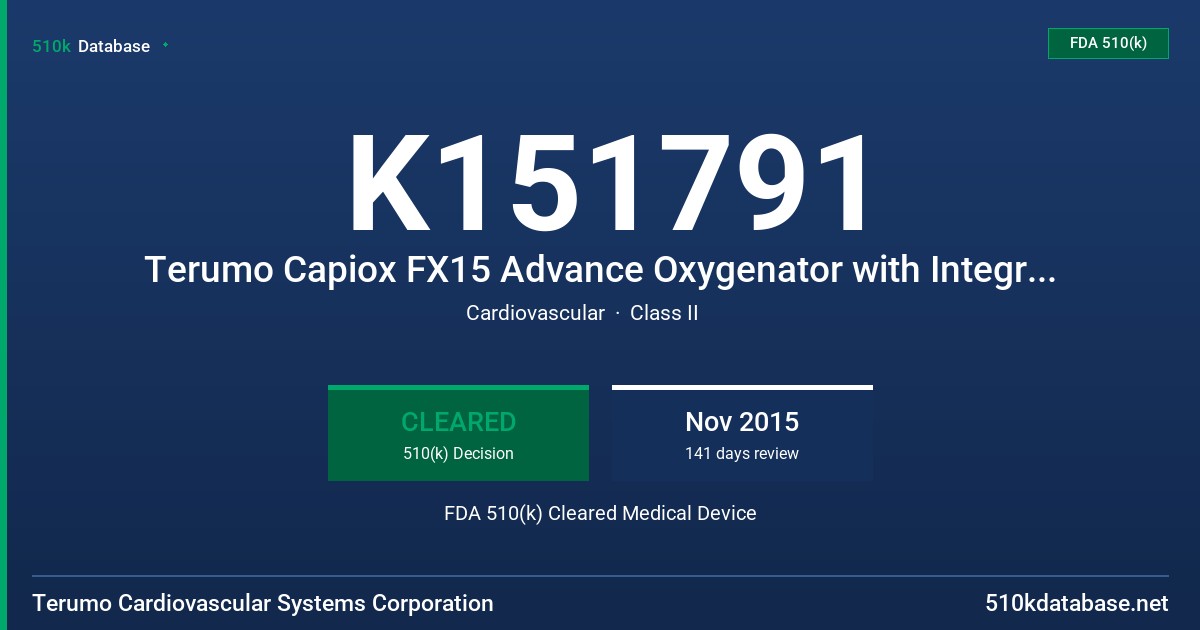 K151791 Terumo Capiox FX15 Advance Oxygenator with Integrated Arterial Filter and Reservoir, Terumo Capiox FX25 Advance Oxygenator with Integrated Arterial Filter and Reservoir FDA 510(k) Cleared Medical Device